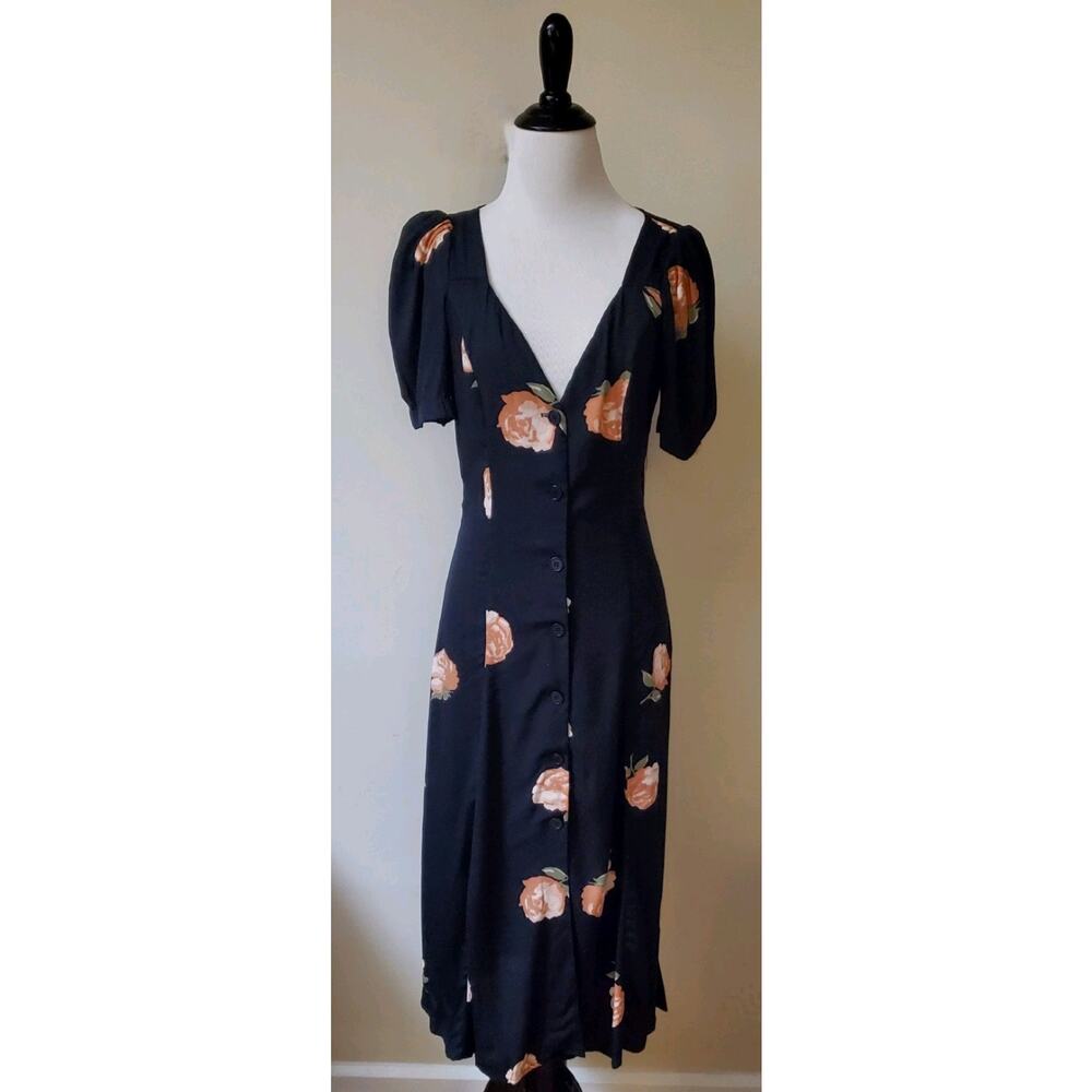 Reformation Britt Dress Black With Floral Print Short Sleeve Button Down Size 2